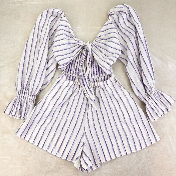 TopShop Romper Shorts‎ Women’s 4 Purple Striped Beachy Boho Puff Sleeve - Picture 1 of 10
